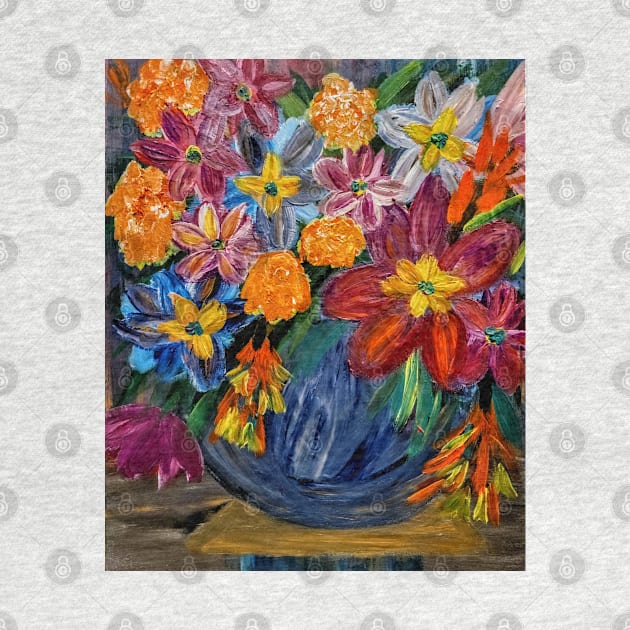 abstract vibrant colorful flowers in a glass vase with gold accent on base and top of vase by kkartwork